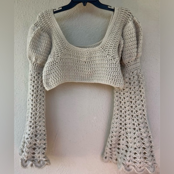 Unbranded Sweaters - Hand-knit Cropped-top Puff-shoulders Long Bell-sleeves Festival-Fairy Shrug